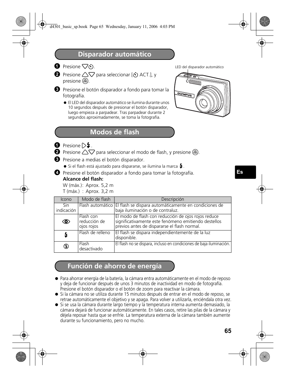Disparador automático, Modos de flash función de ahorro de energía | Olympus Stylus 810 User Manual | Page 65 / 84