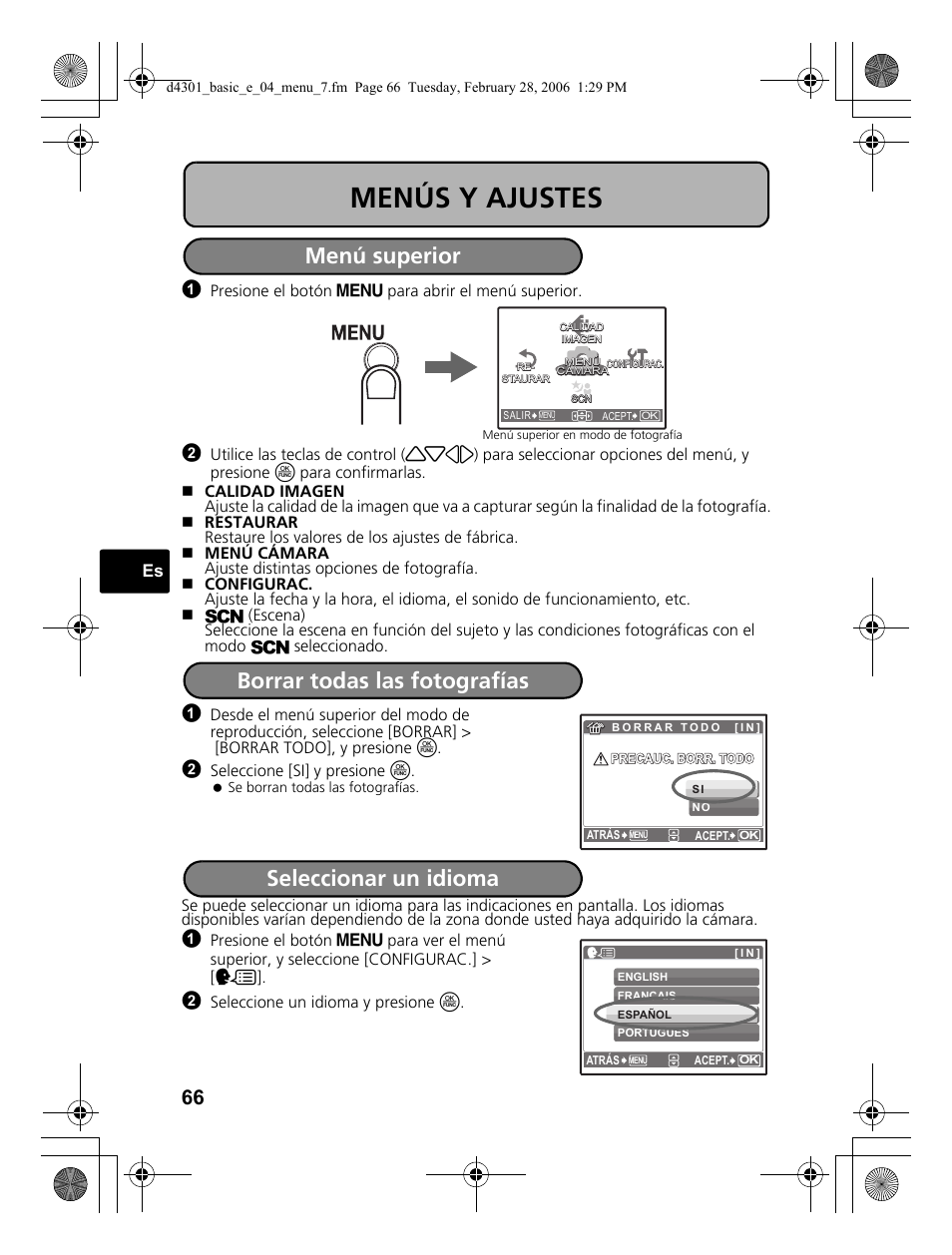 Menús y ajustes, Menú superior, Borrar todas las fotografías | Seleccionar un idioma | Olympus Stylus 810 User Manual | Page 66 / 84
