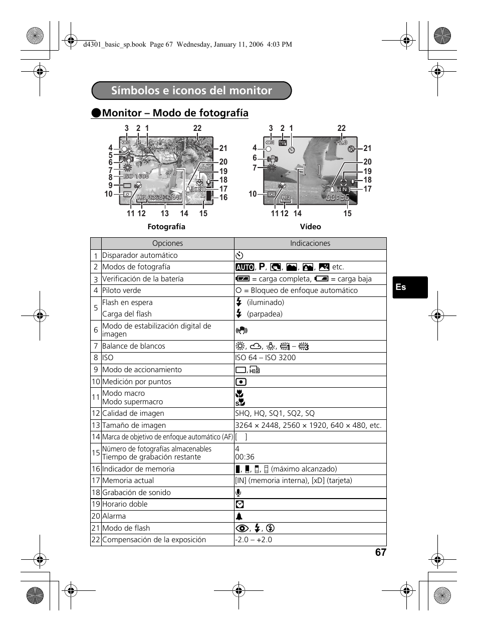 Símbolos e iconos del monitor, Monitor – modo de fotografía | Olympus Stylus 810 User Manual | Page 67 / 84