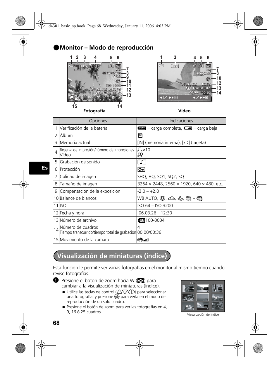 Visualización de miniaturas (índice), Monitor – modo de reproducción | Olympus Stylus 810 User Manual | Page 68 / 84