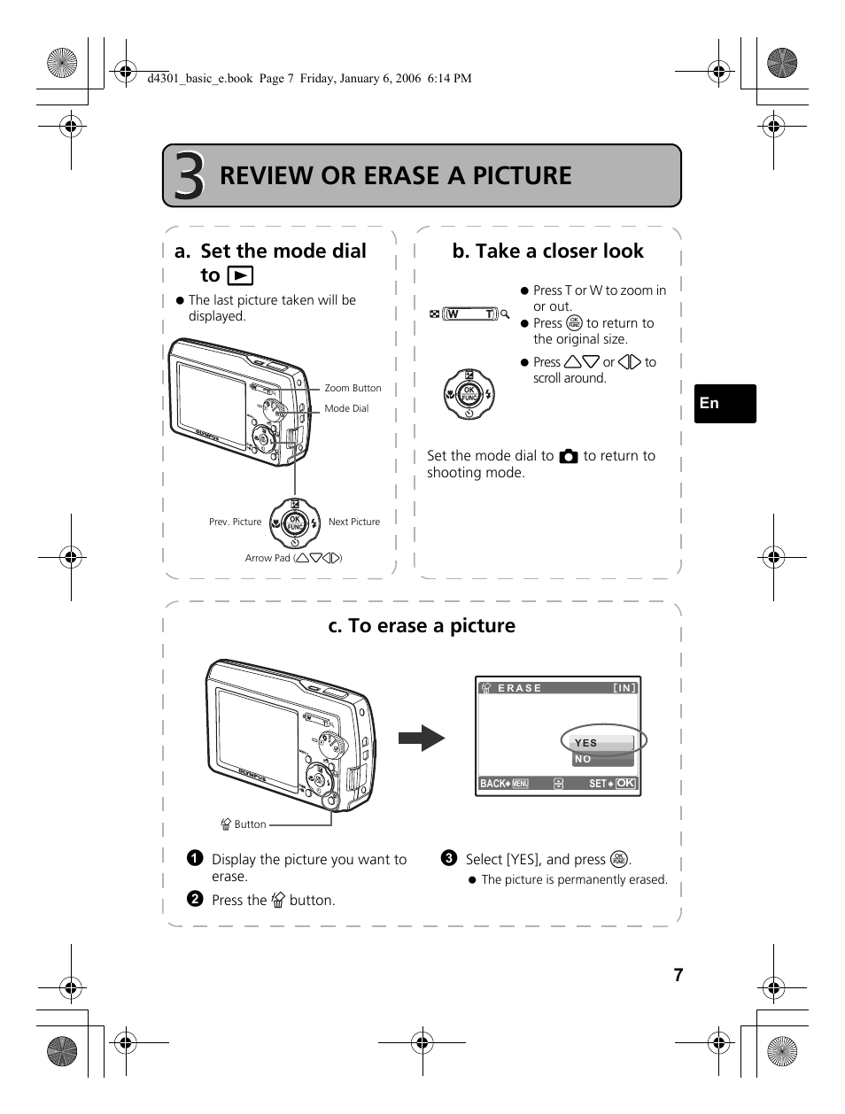 Review or erase a picture, A. set the mode dial to q b. take a closer look, C. to erase a picture | Olympus Stylus 810 User Manual | Page 7 / 84
