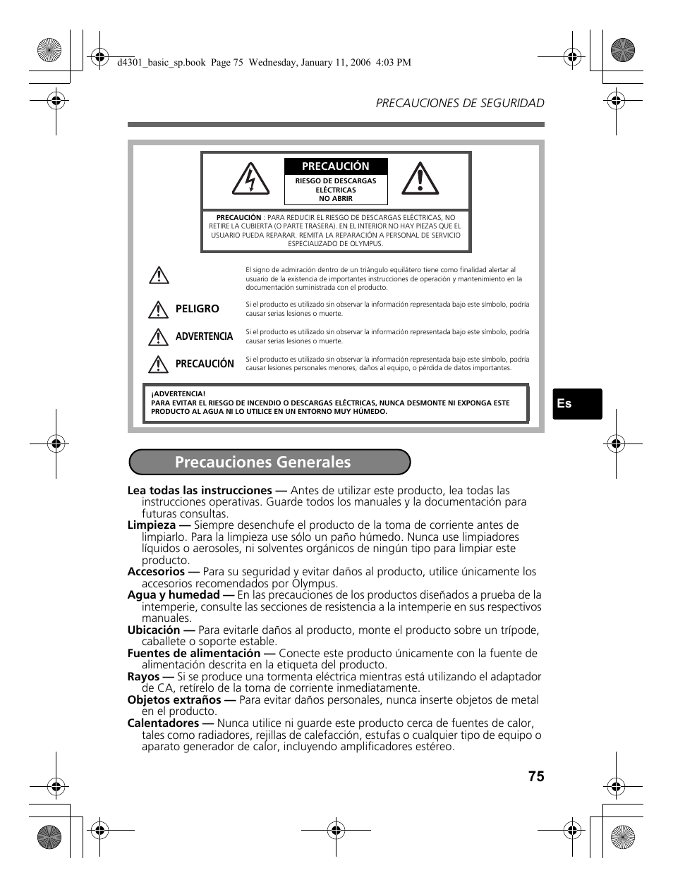 Precauciones generales | Olympus Stylus 810 User Manual | Page 75 / 84
