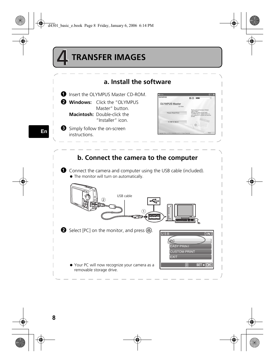 Transfer images, A. install the software, B. connect the camera to the computer | Olympus Stylus 810 User Manual | Page 8 / 84