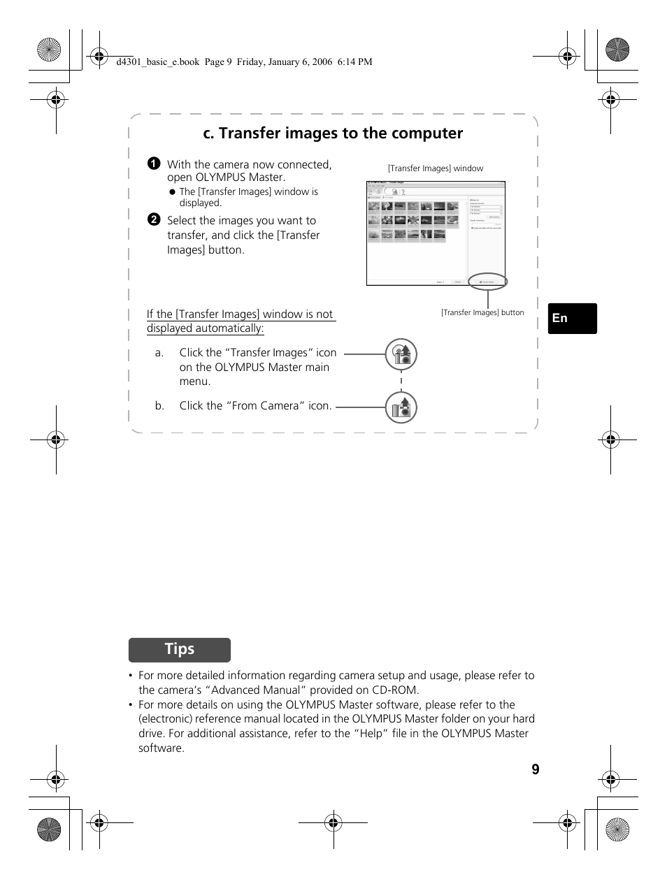 C. transfer images to the computer, Tips | Olympus Stylus 810 User Manual | Page 9 / 84