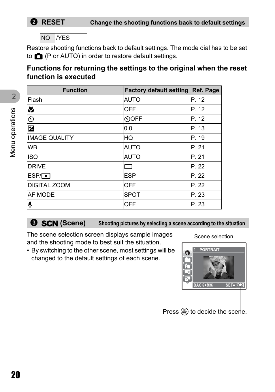2reset, 3s (scene) | Olympus Stylus 810 User Manual | Page 20 / 88
