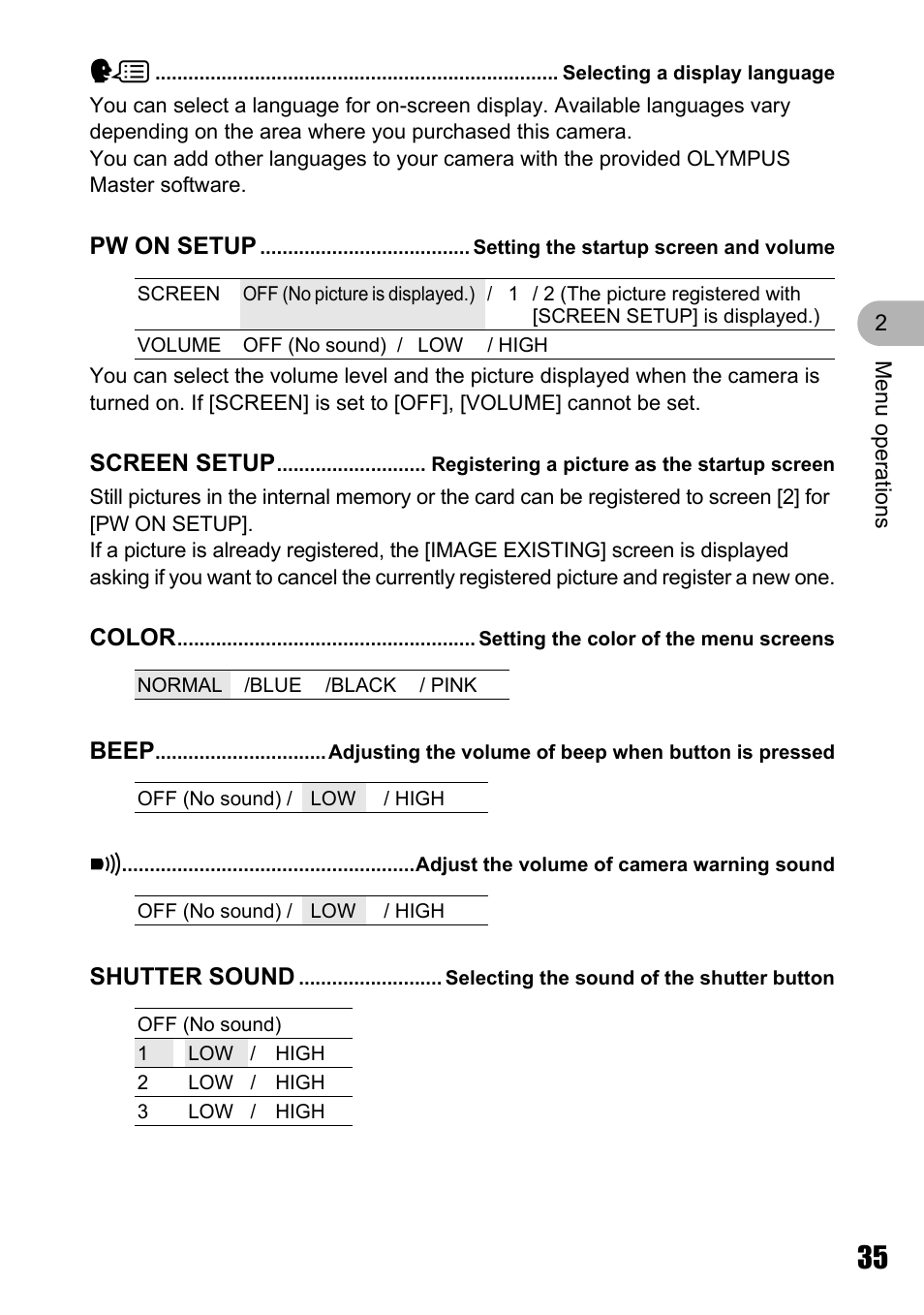 Selecting a display language, Setting the startup screen and volume, Registering a picture as the startup screen | Setting the color of the menu screens, Adjust the volume of camera warning sound, Selecting the sound of the shutter button | Olympus Stylus 810 User Manual | Page 35 / 88