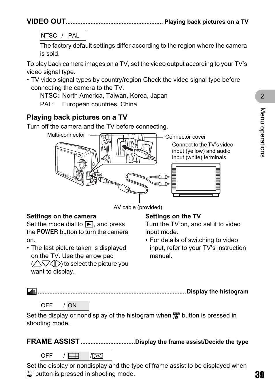 Playing back pictures on a tv, Display the histogram, Display the frame assist/decide the type | Olympus Stylus 810 User Manual | Page 39 / 88