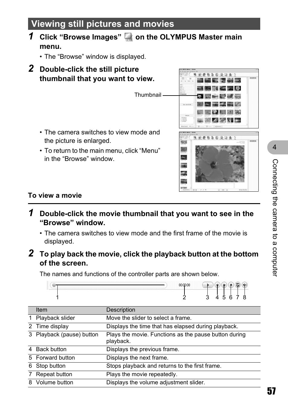 Viewing still pictures and movies | Olympus Stylus 810 User Manual | Page 57 / 88