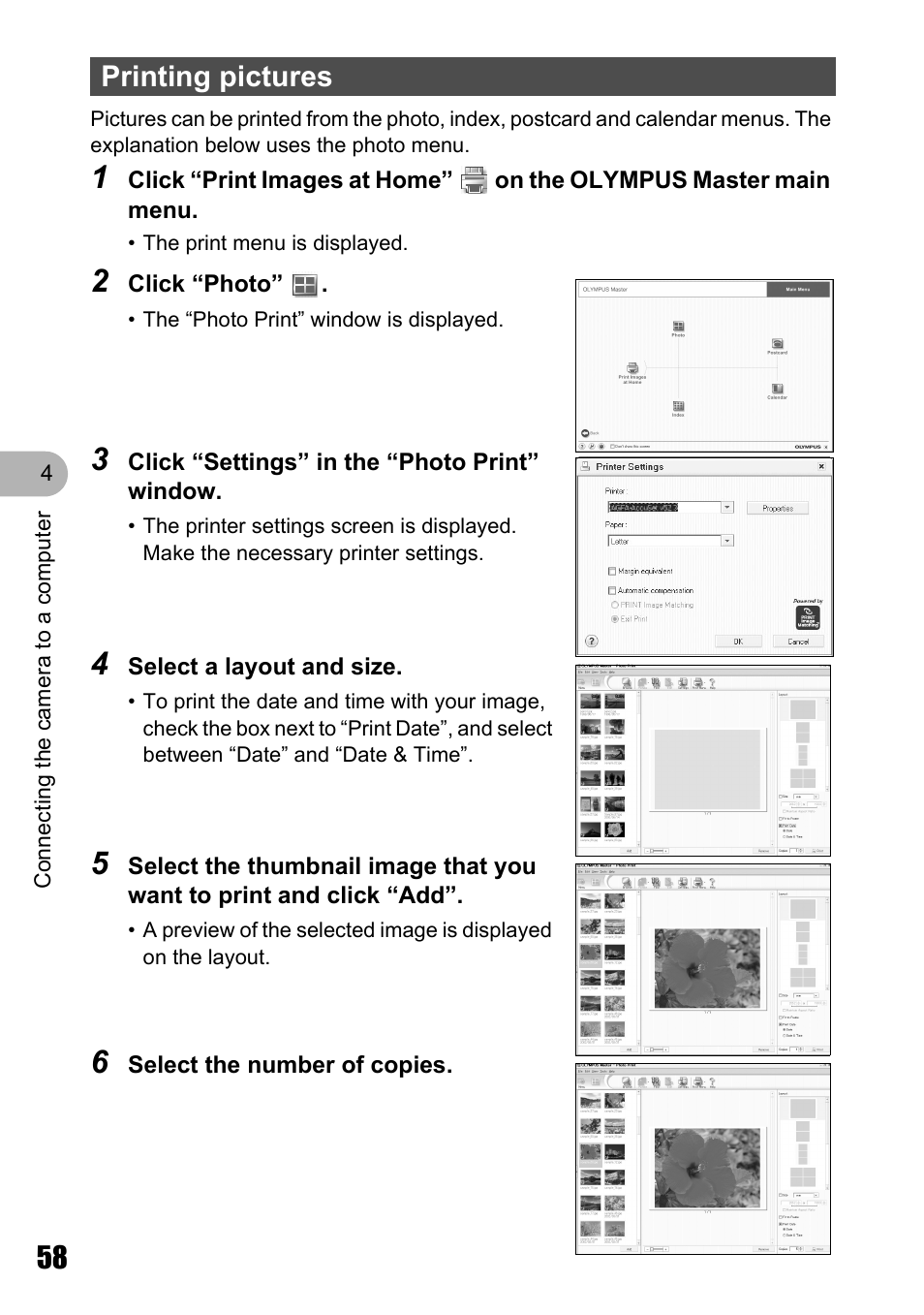 Printing pictures | Olympus Stylus 810 User Manual | Page 58 / 88