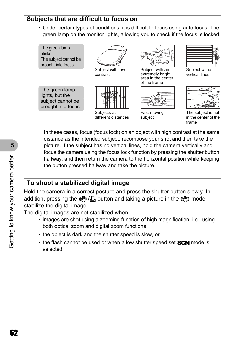 Subjects that are difficult to focus on, To shoot a stabilized digital image | Olympus Stylus 810 User Manual | Page 62 / 88