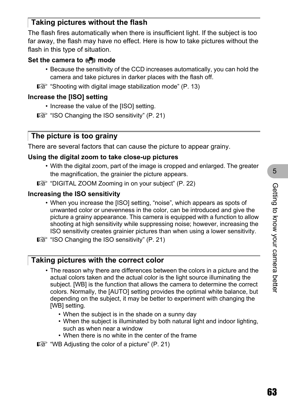 Taking pictures without the flash, The picture is too grainy, Taking pictures with the correct color | Olympus Stylus 810 User Manual | Page 63 / 88
