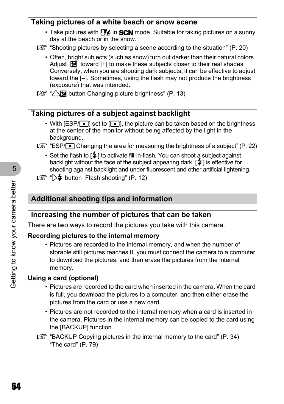 Taking pictures of a white beach or snow scene, Taking pictures of a subject against backlight, Additional shooting tips and information | Olympus Stylus 810 User Manual | Page 64 / 88