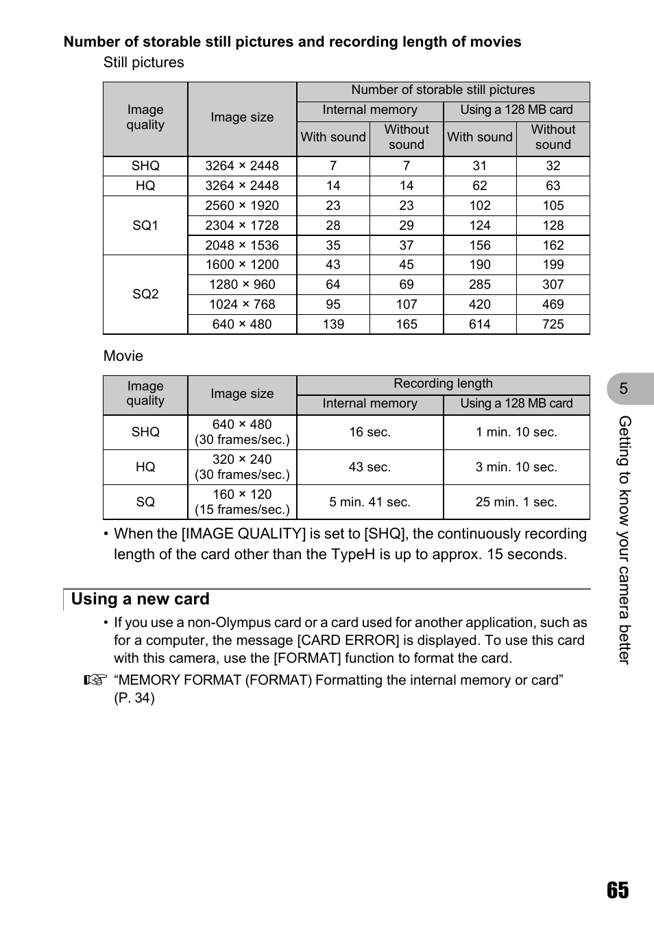 Using a new card | Olympus Stylus 810 User Manual | Page 65 / 88