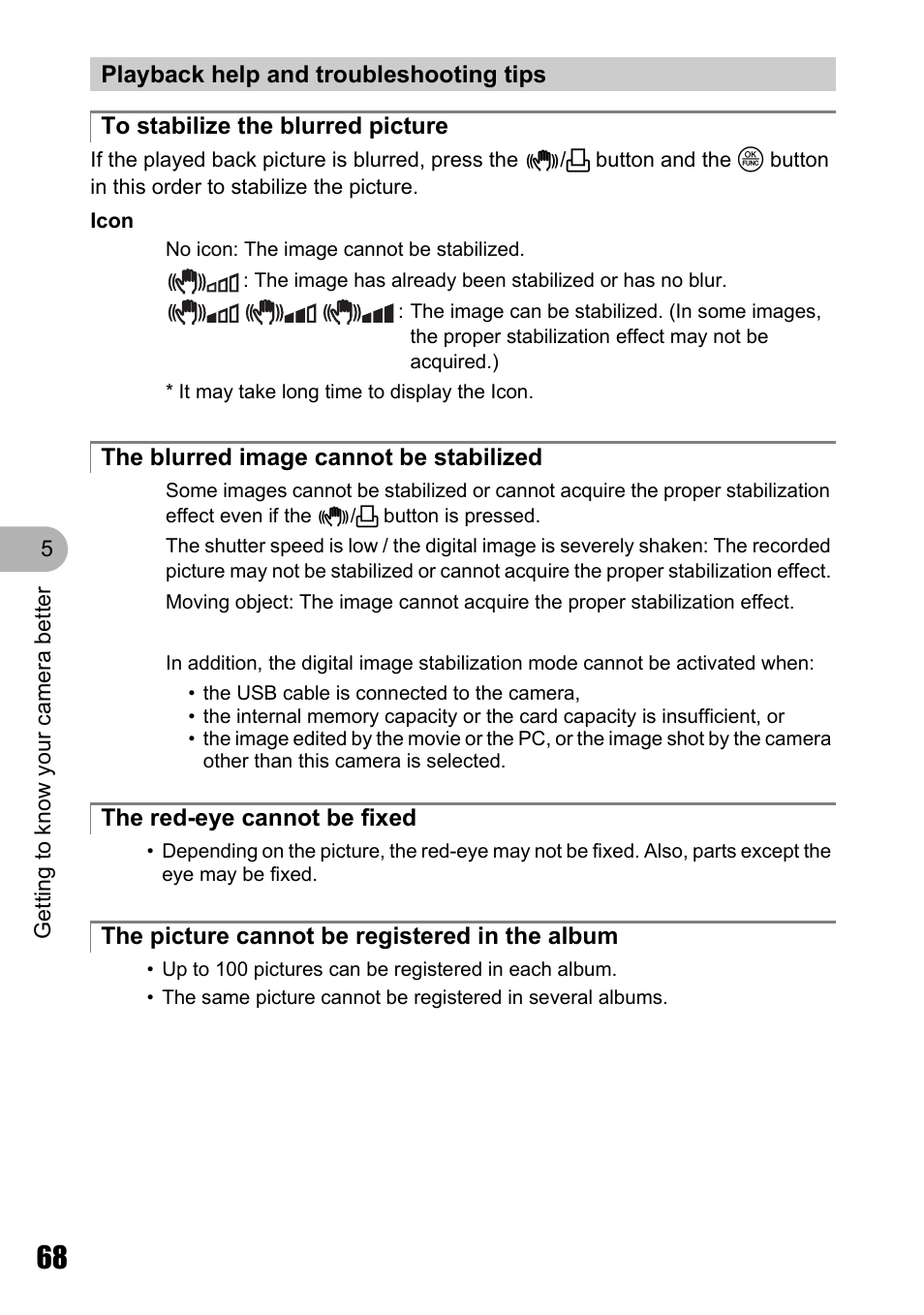 Playback help and troubleshooting tips, To stabilize the blurred picture, The blurred image cannot be stabilized | The red-eye cannot be fixed, The picture cannot be registered in the album | Olympus Stylus 810 User Manual | Page 68 / 88