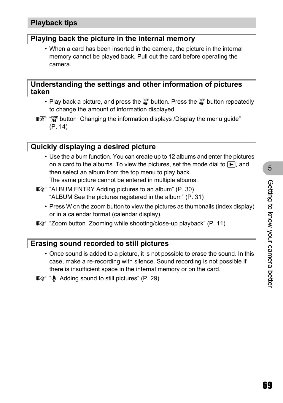 Playback tips, Playing back the picture in the internal memory, Quickly displaying a desired picture | Erasing sound recorded to still pictures | Olympus Stylus 810 User Manual | Page 69 / 88