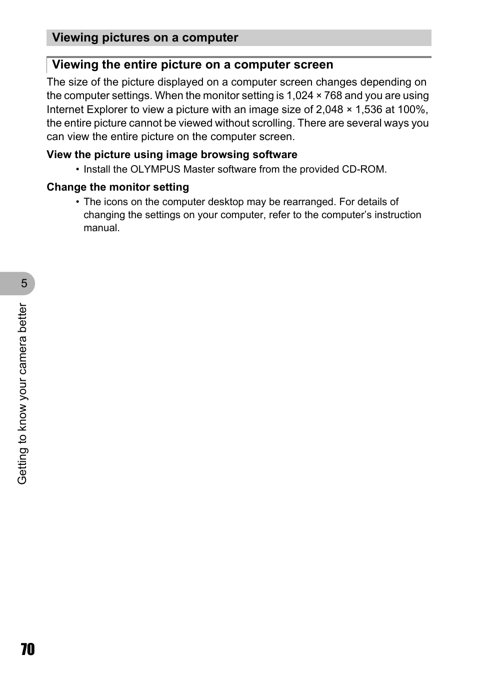 Viewing pictures on a computer, Viewing the entire picture on a computer screen | Olympus Stylus 810 User Manual | Page 70 / 88
