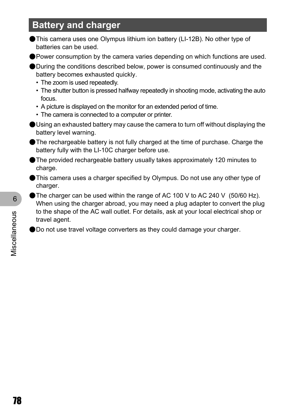 Battery and charger | Olympus Stylus 810 User Manual | Page 78 / 88