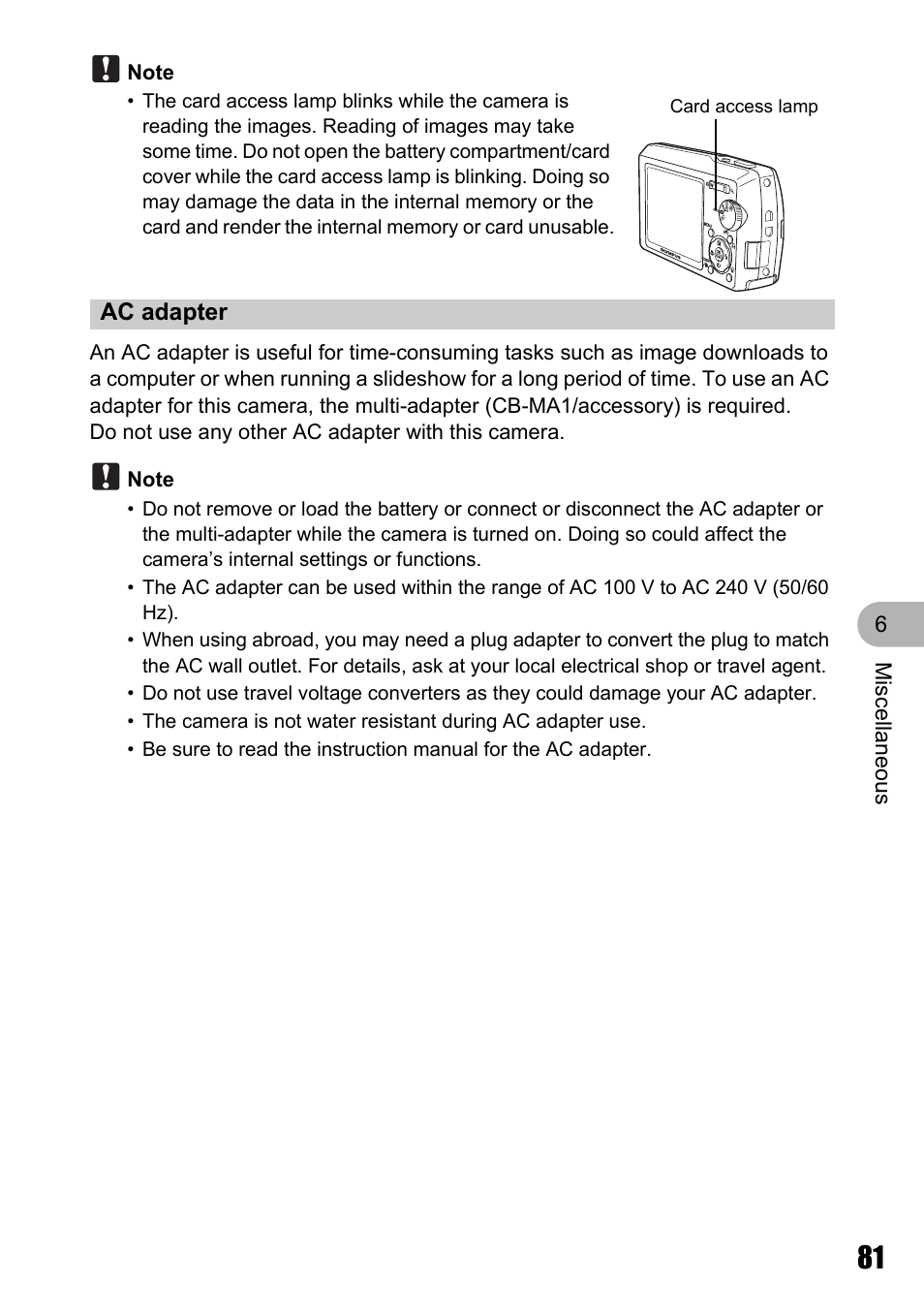 Ac adapter | Olympus Stylus 810 User Manual | Page 81 / 88