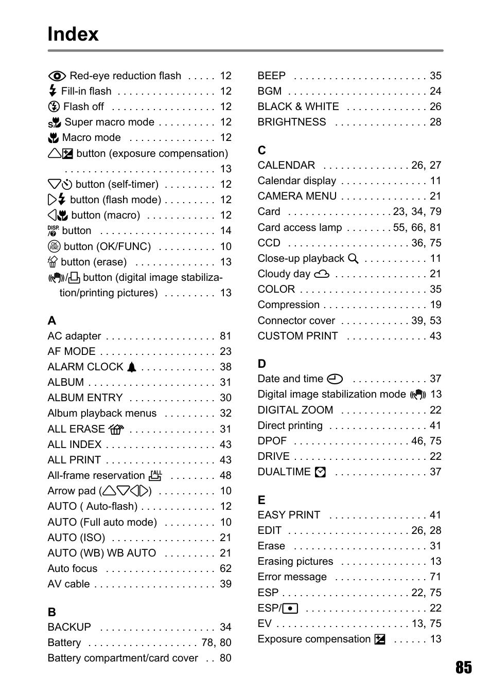 Index | Olympus Stylus 810 User Manual | Page 85 / 88