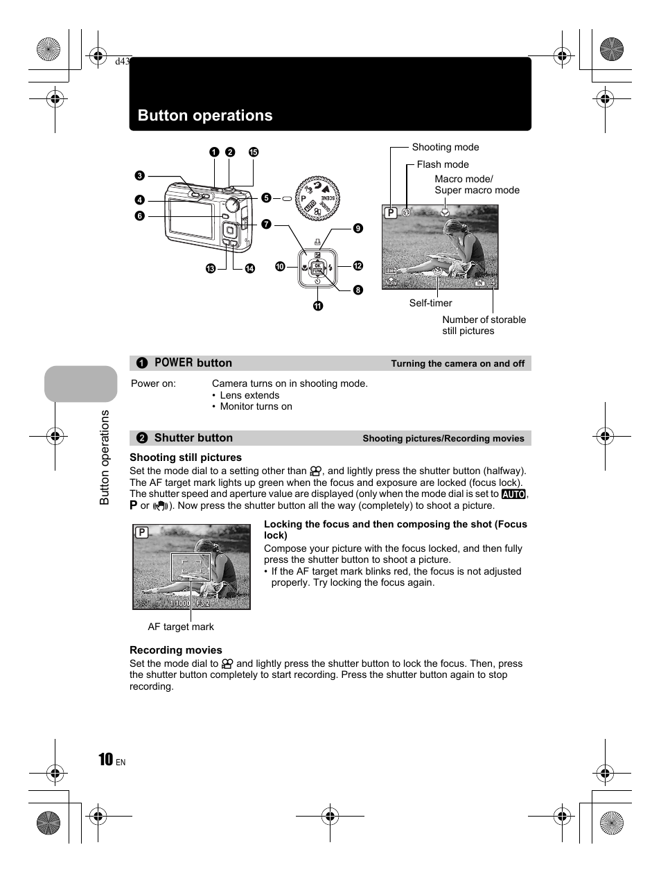 Button operations | Olympus FE-310 User Manual | Page 10 / 68