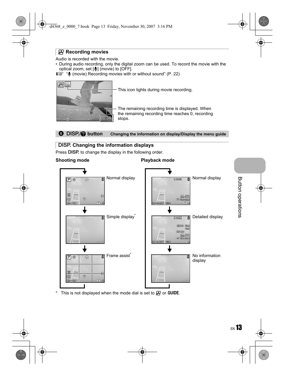 Button operati o ns, N recording movies g / e button, G changing the information displays | Shooting mode, Playback mode, Frame assist, Simple display, Normal display, Normal display detailed display | Olympus FE-310 User Manual | Page 13 / 68