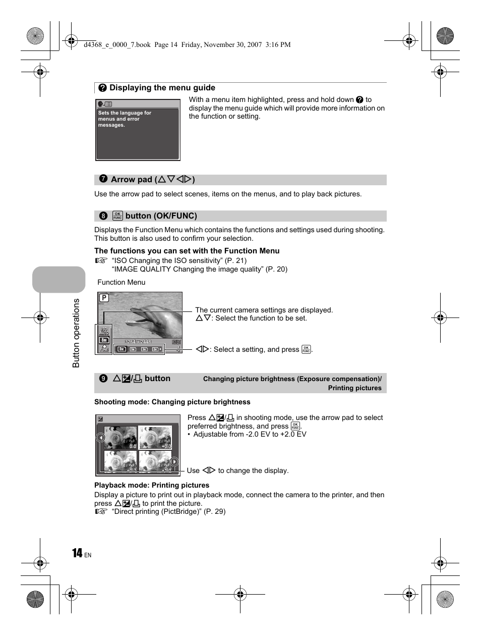 Button operations, The functions you can set with the function menu | Olympus FE-310 User Manual | Page 14 / 68