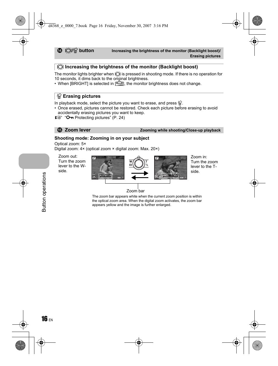 Button operations, S button, Shooting mode: zooming in on your subject | Zoom bar | Olympus FE-310 User Manual | Page 16 / 68