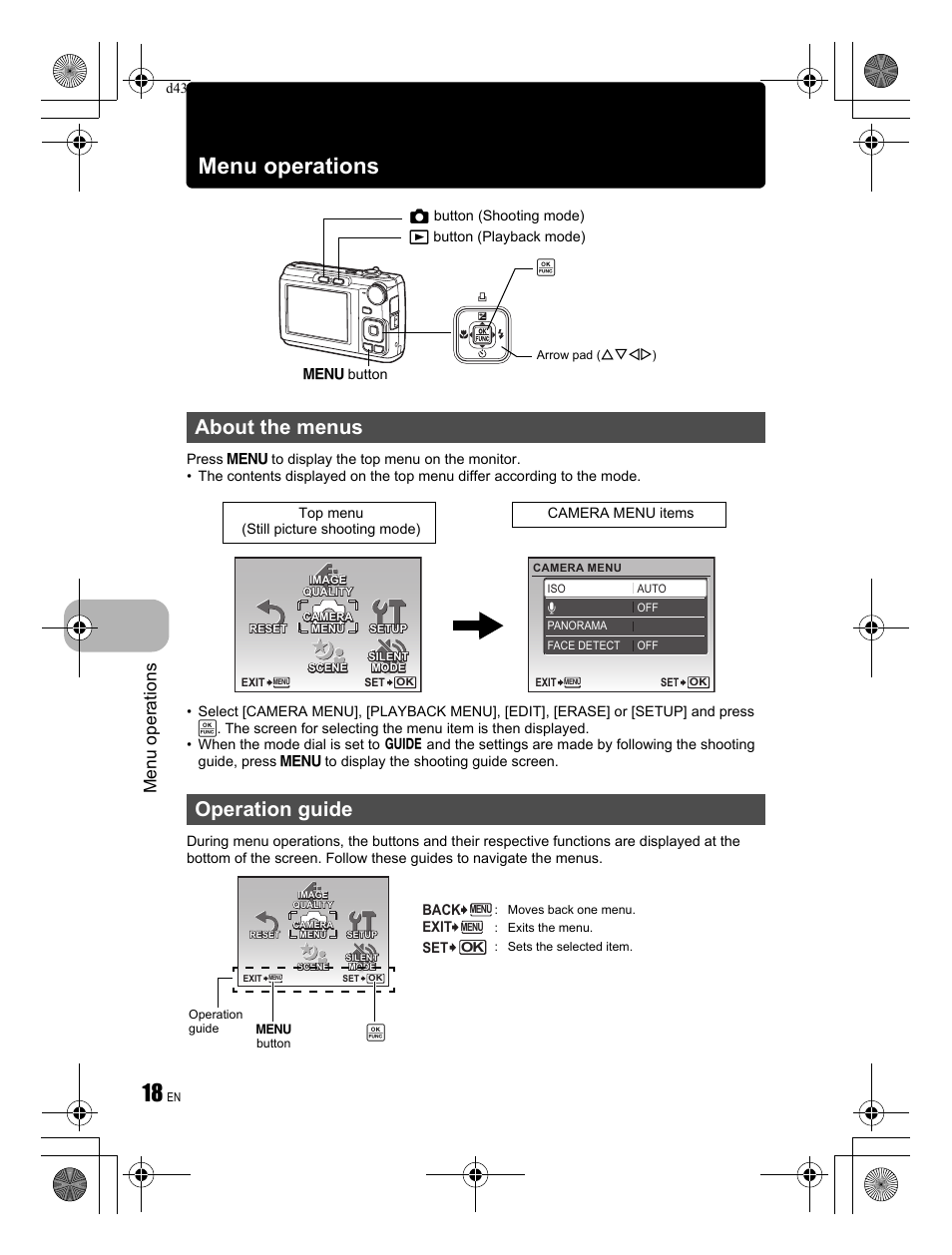 About the menus operation guide, Menu operations | Olympus FE-310 User Manual | Page 18 / 68