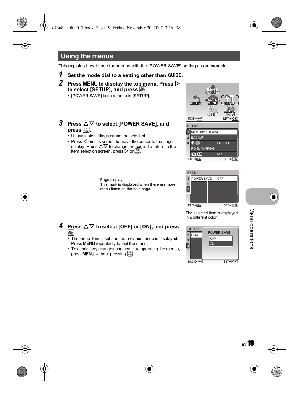 Using the menus, Menu operations, Set the mode dial to a setting other than r | Press on to select [power save], and press, Press on to select [off] or [on], and press | Olympus FE-310 User Manual | Page 19 / 68