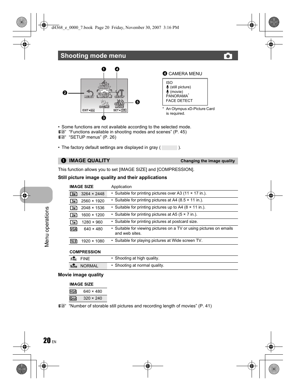 Shooting mode menu k, Menu operations, Image quality | Olympus FE-310 User Manual | Page 20 / 68
