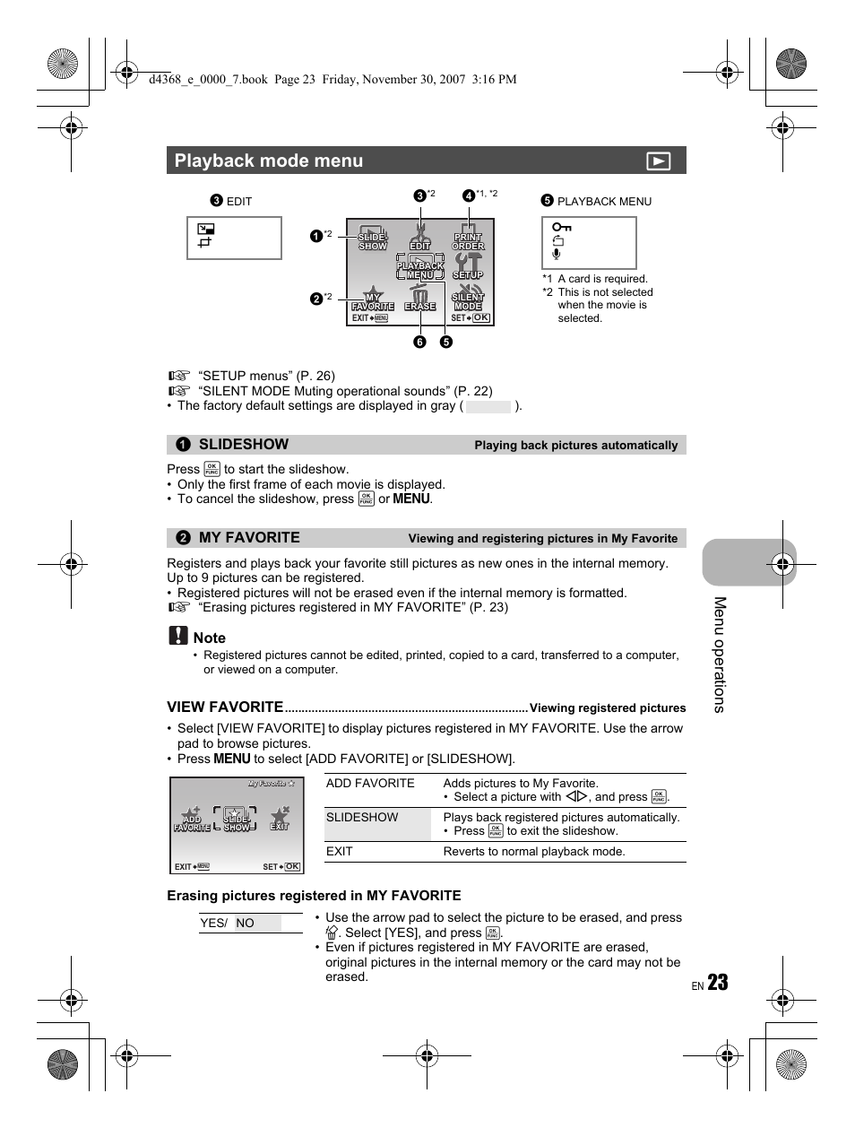 Playback mode menu q, Menu operations, Slideshow | My favorite, View favorite, Erasing pictures registered in my favorite | Olympus FE-310 User Manual | Page 23 / 68