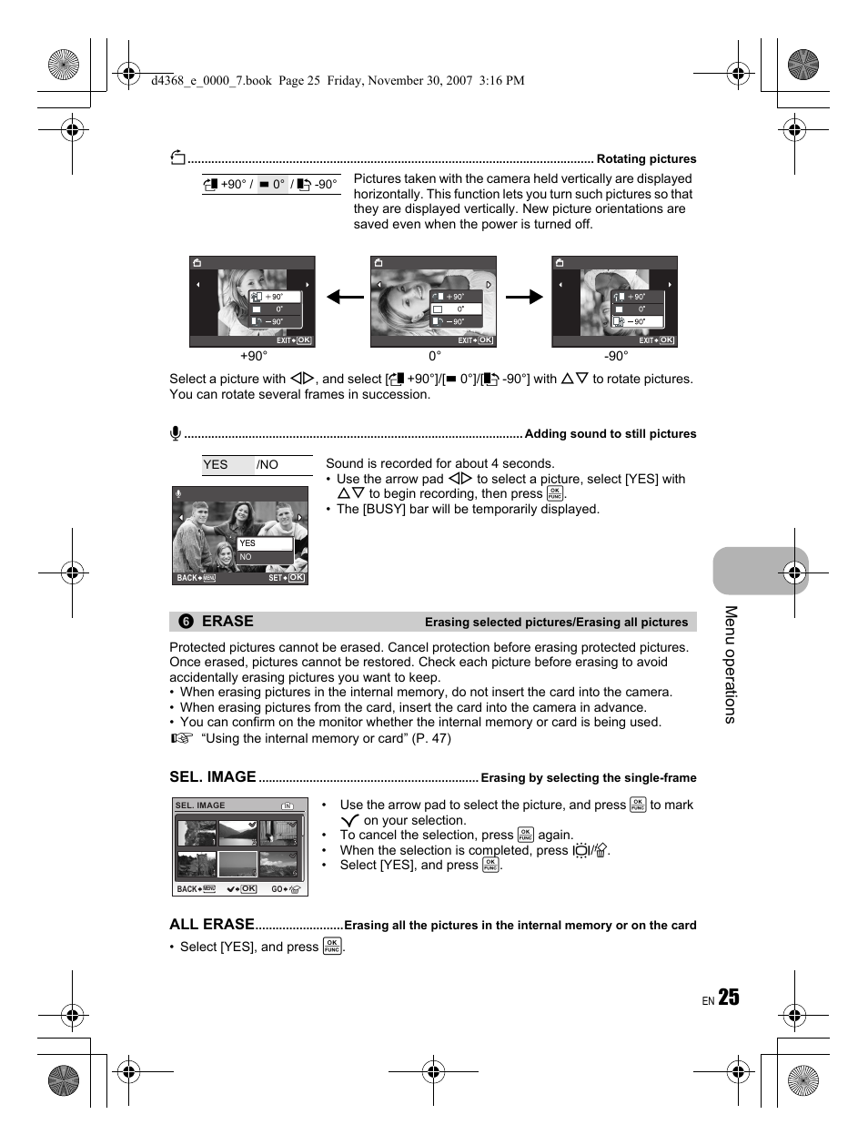Menu operations, Erase, Sel. image | All erase | Olympus FE-310 User Manual | Page 25 / 68