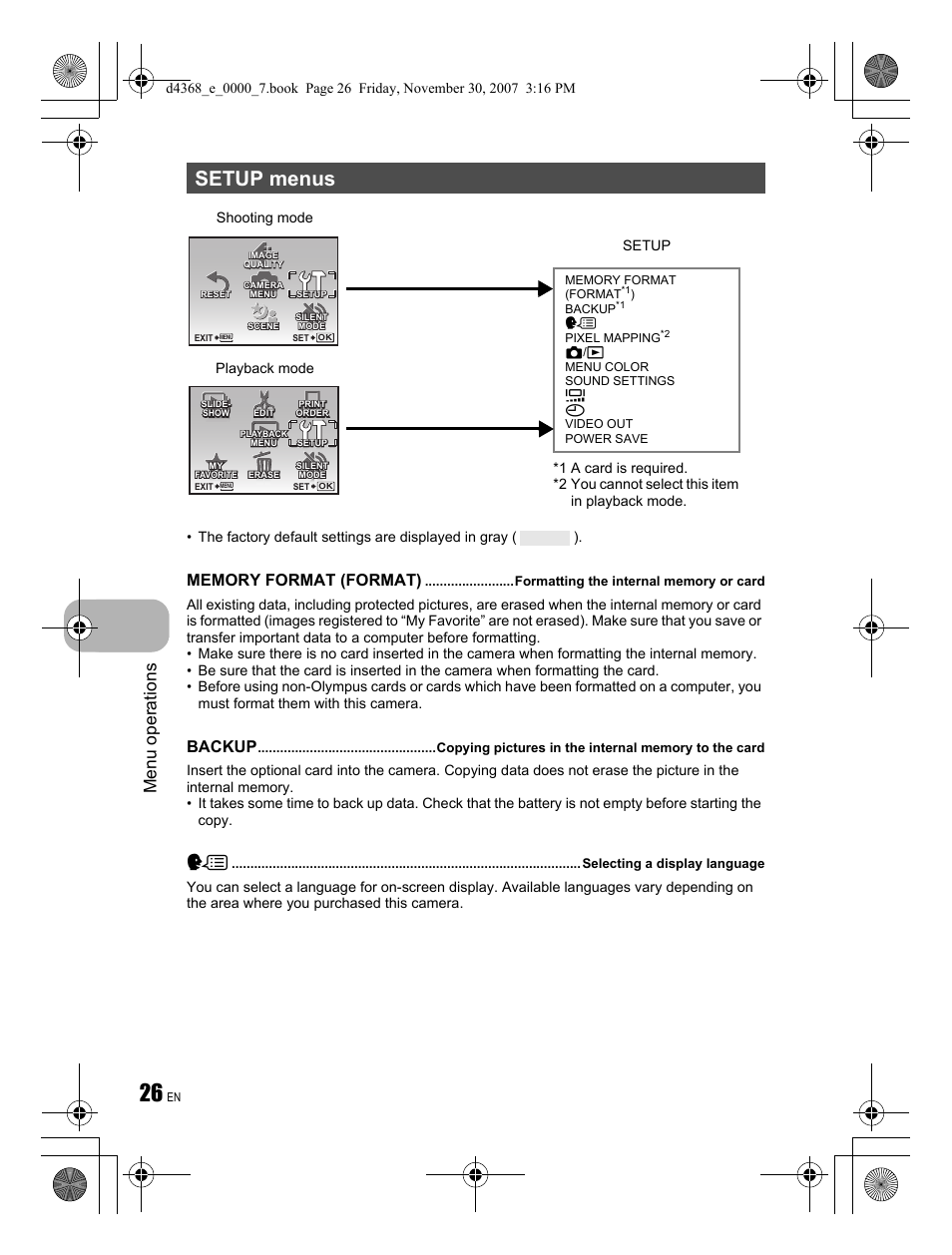 Setup menus, Menu operations, Backup | Playback mode shooting mode | Olympus FE-310 User Manual | Page 26 / 68