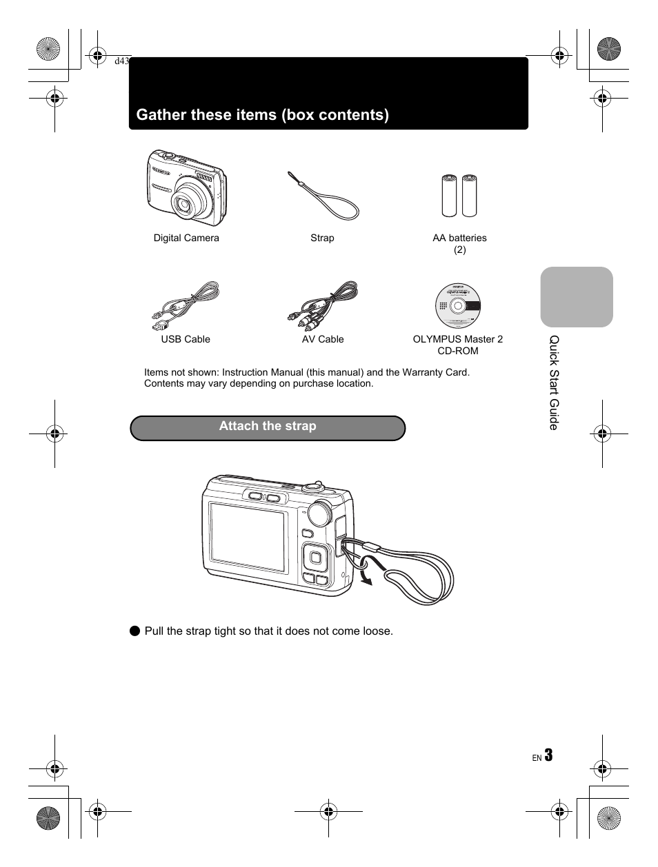 3gather these items (box contents) | Olympus FE-310 User Manual | Page 3 / 68