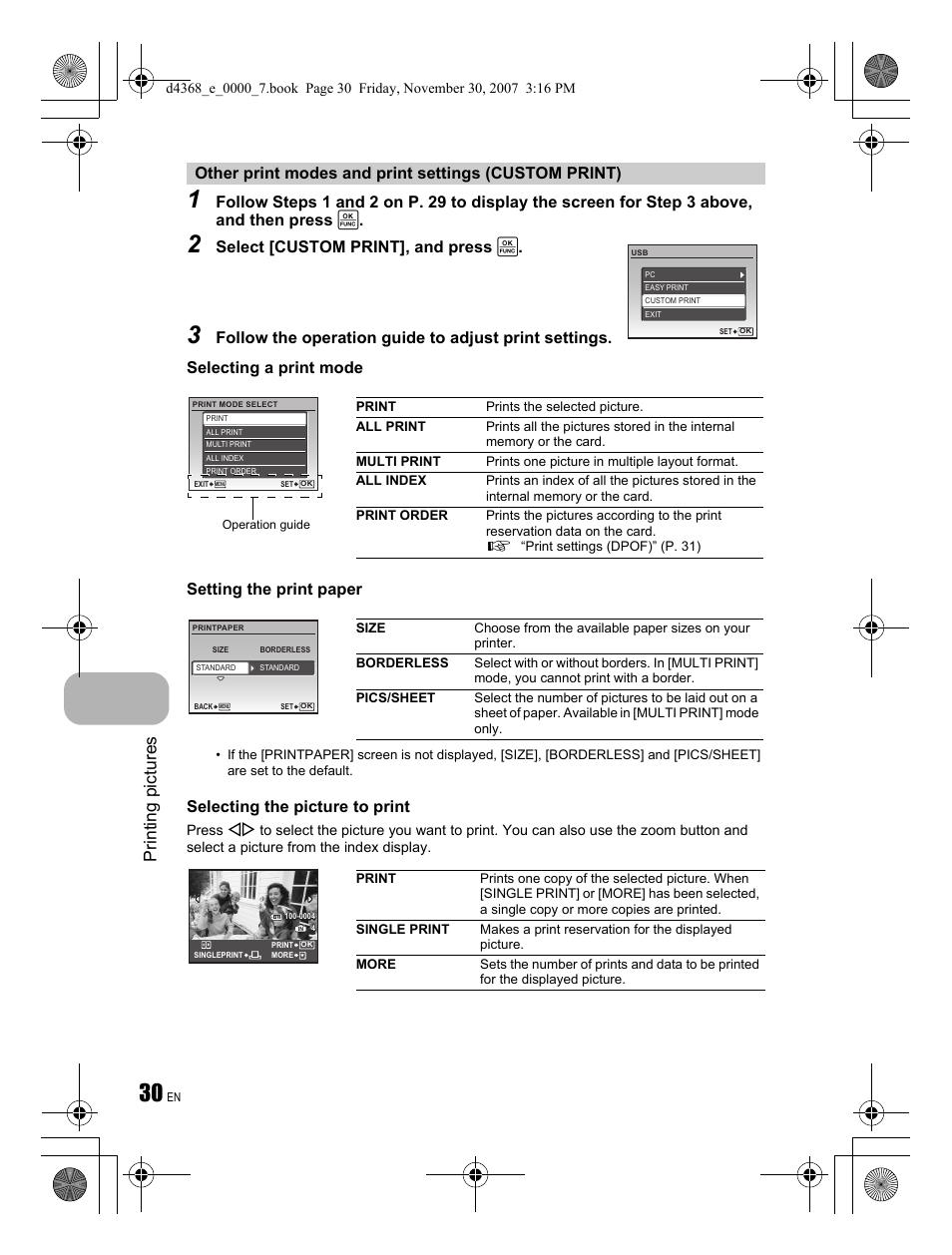 Printing pictures, Select [custom print], and press | Olympus FE-310 User Manual | Page 30 / 68