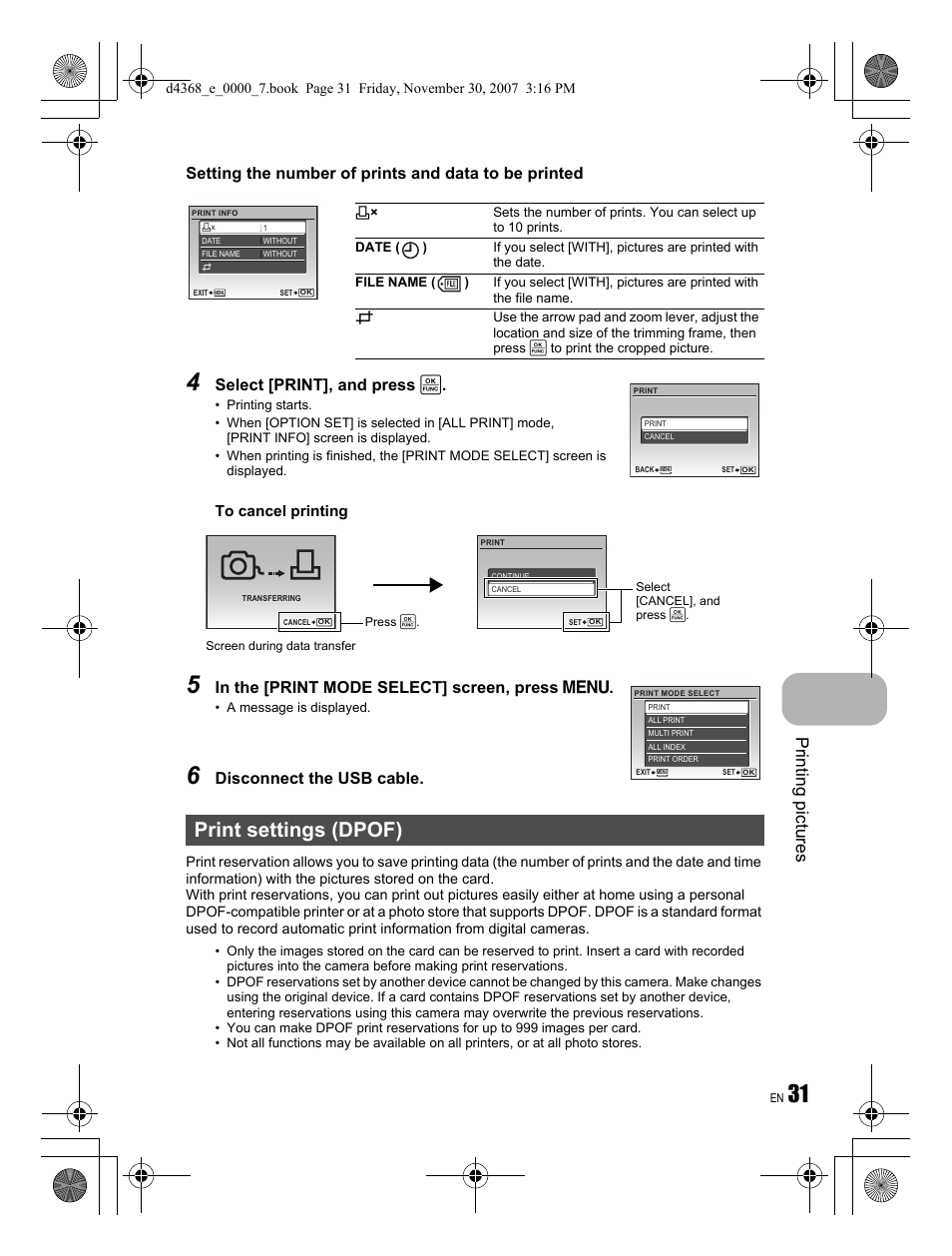 Print settings (dpof), Printing pi ctures, Select [print], and press | Disconnect the usb cable | Olympus FE-310 User Manual | Page 31 / 68