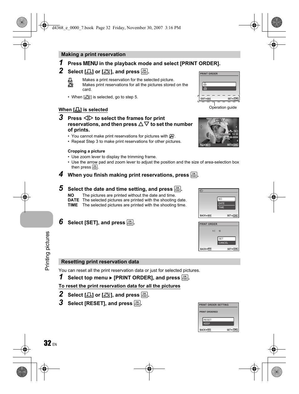 Printing pictures, Select [ < ] or [ u ], and press, When you finish making print reservations, press | Select the date and time setting, and press, Select [set], and press, Select top menu [print order], and press | Olympus FE-310 User Manual | Page 32 / 68