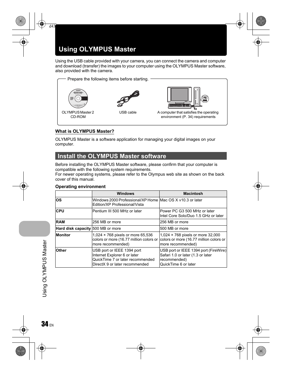 Using olympus master, Install the olympus master software | Olympus FE-310 User Manual | Page 34 / 68