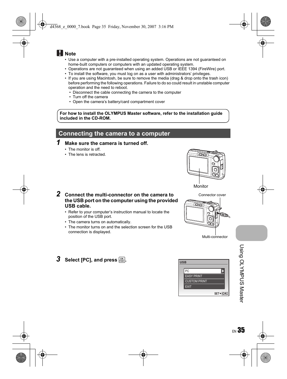 Connecting the camera to a computer | Olympus FE-310 User Manual | Page 35 / 68