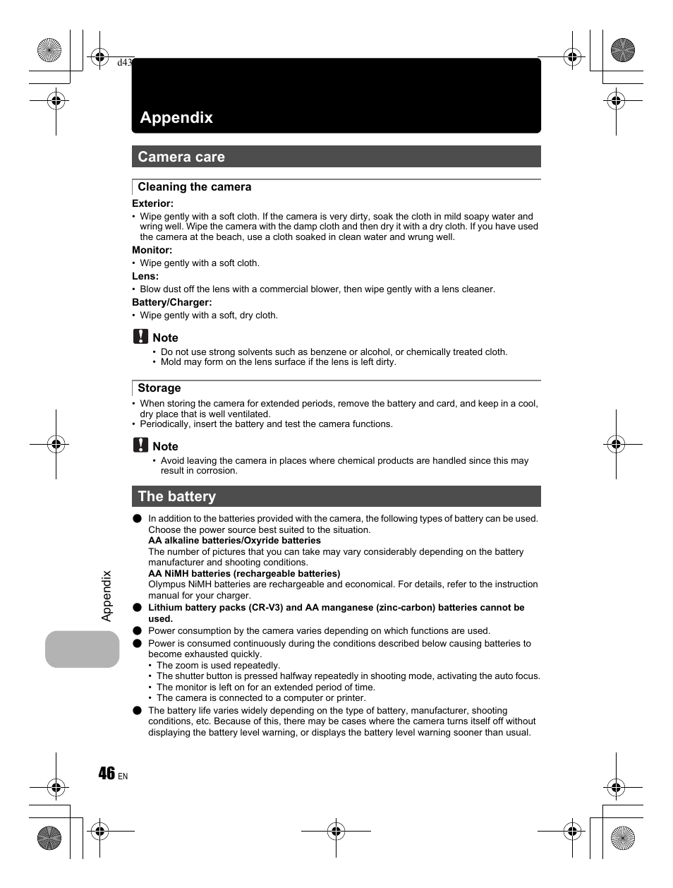 Appendix, Camera care, The battery | Olympus FE-310 User Manual | Page 46 / 68