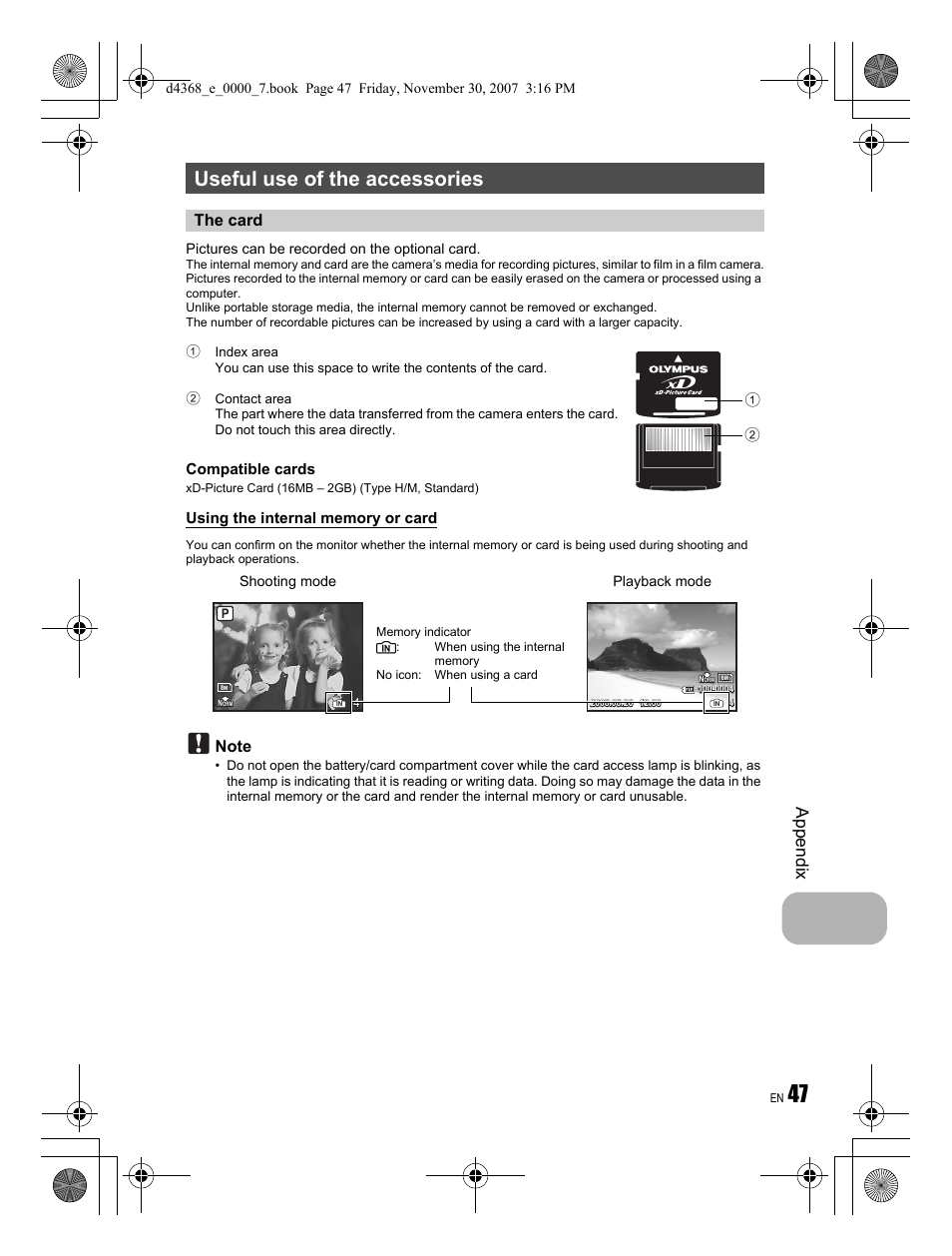 Useful use of the accessories, Appendix, The card | Compatible cards | Olympus FE-310 User Manual | Page 47 / 68