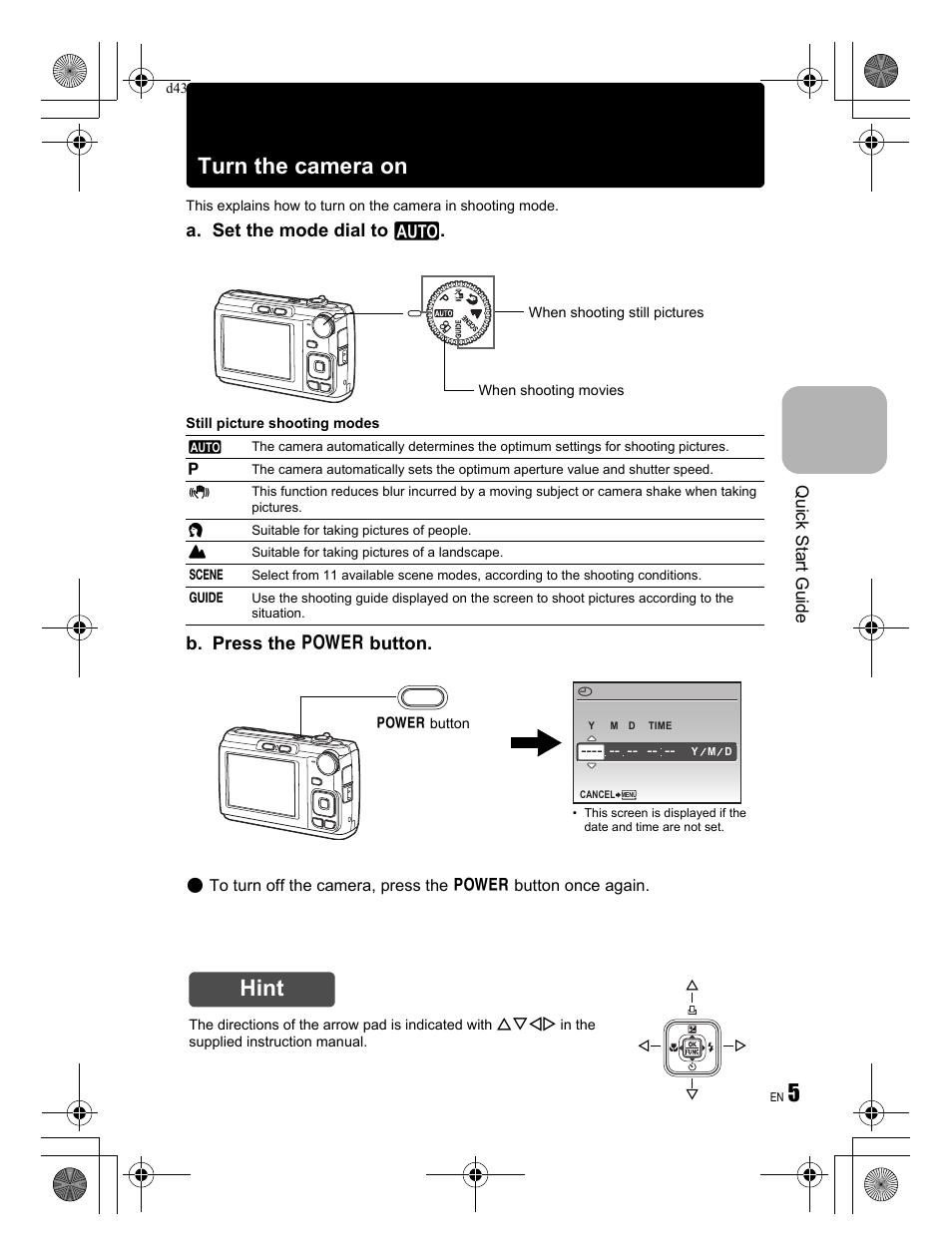 5turn the camera on, Hint, A. set the mode dial to h | B. press the o button, Quick start guide | Olympus FE-310 User Manual | Page 5 / 68