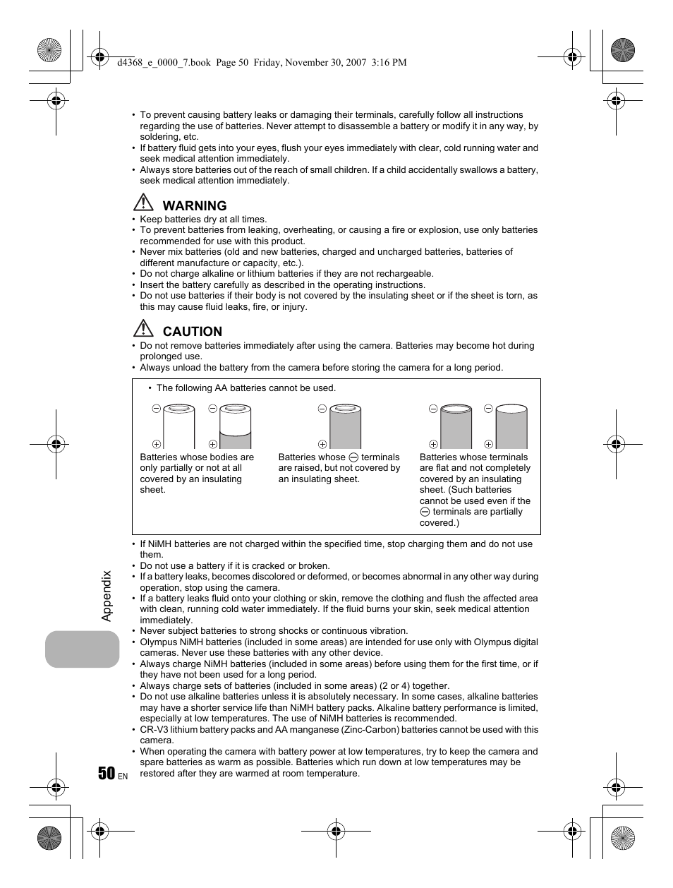 Warning, Caution, Appendix | Olympus FE-310 User Manual | Page 50 / 68