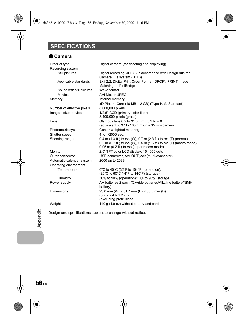 Specifications, Camera, Appendix | Olympus FE-310 User Manual | Page 56 / 68