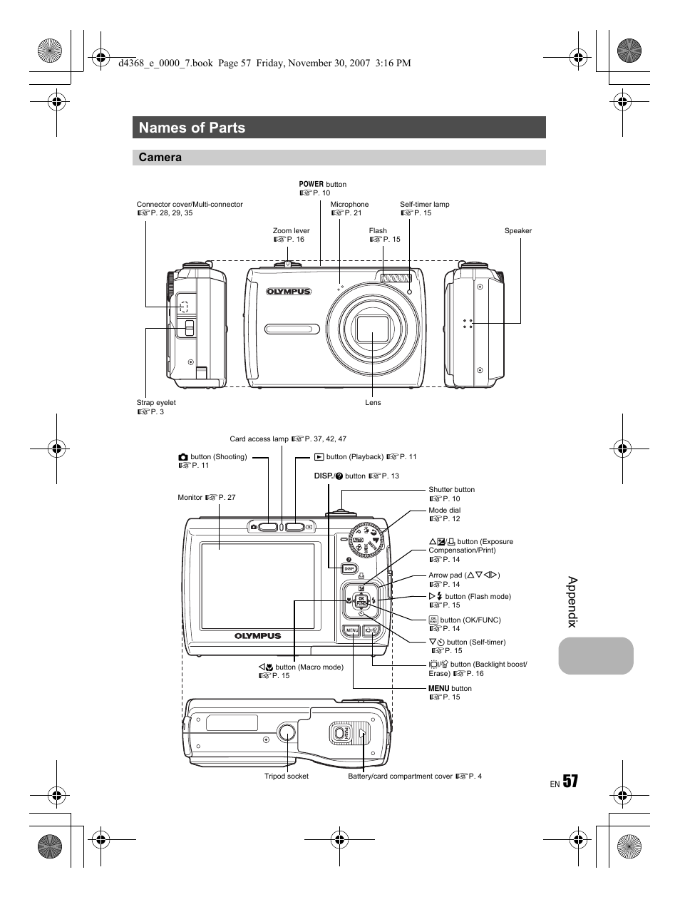 Names of parts, Appendix, Camera | Olympus FE-310 User Manual | Page 57 / 68