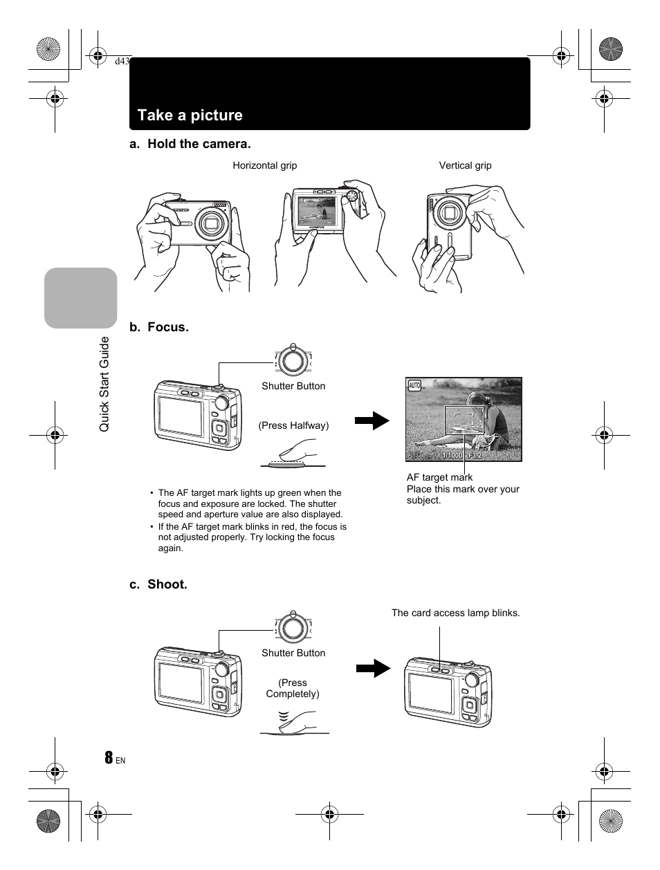 Take a picture, A. hold the camera. c. shoot, B. focus | Quick start guide | Olympus FE-310 User Manual | Page 8 / 68