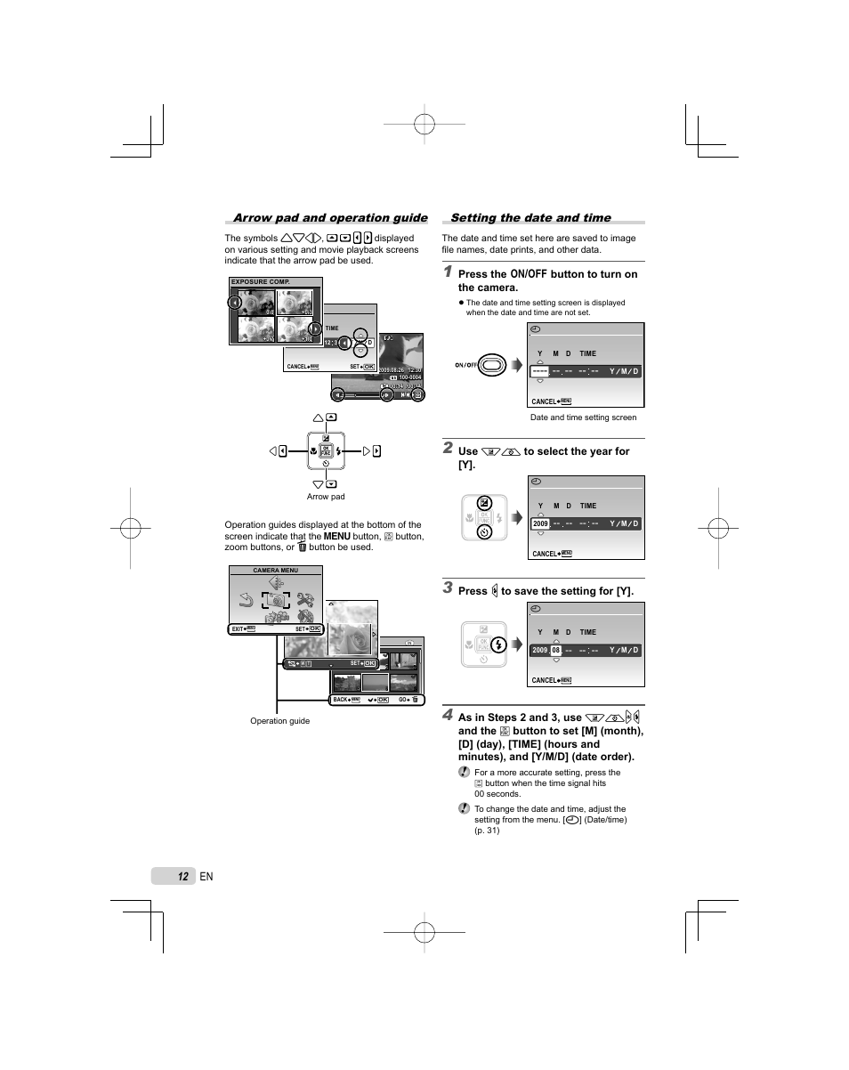 Arrow pad and operation guide, Setting the date and time, Press the n button to turn on the camera | Use kl to select the year for [y, Press n to save the setting for [y | Olympus FE-45 User Manual | Page 12 / 62