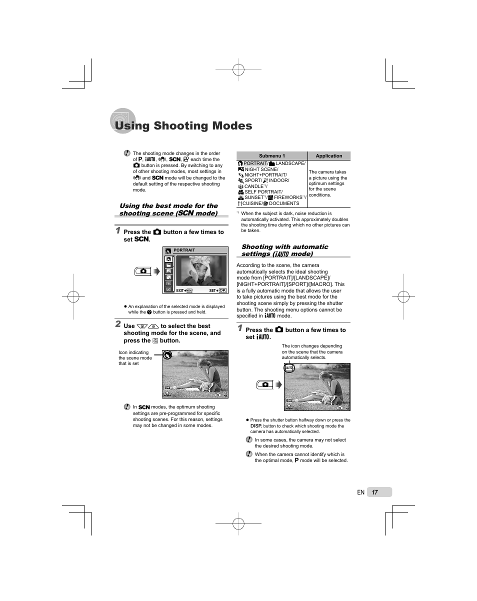 Using shooting modes, Shooting with automatic settings ( g mode) | Olympus FE-45 User Manual | Page 17 / 62