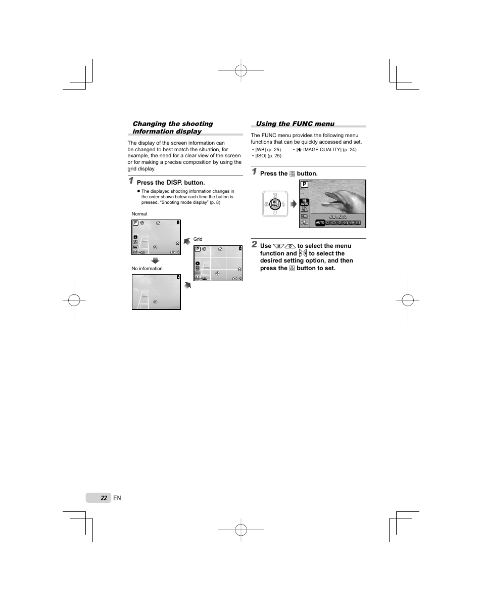 Using the func menu, Changing the shooting information display, Press the b button | Press the g button | Olympus FE-45 User Manual | Page 22 / 62