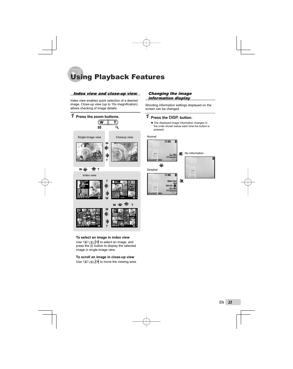 Using playback features, Index view and close-up view, Changing the image information display | Press the zoom buttons, Press the g button | Olympus FE-45 User Manual | Page 23 / 62